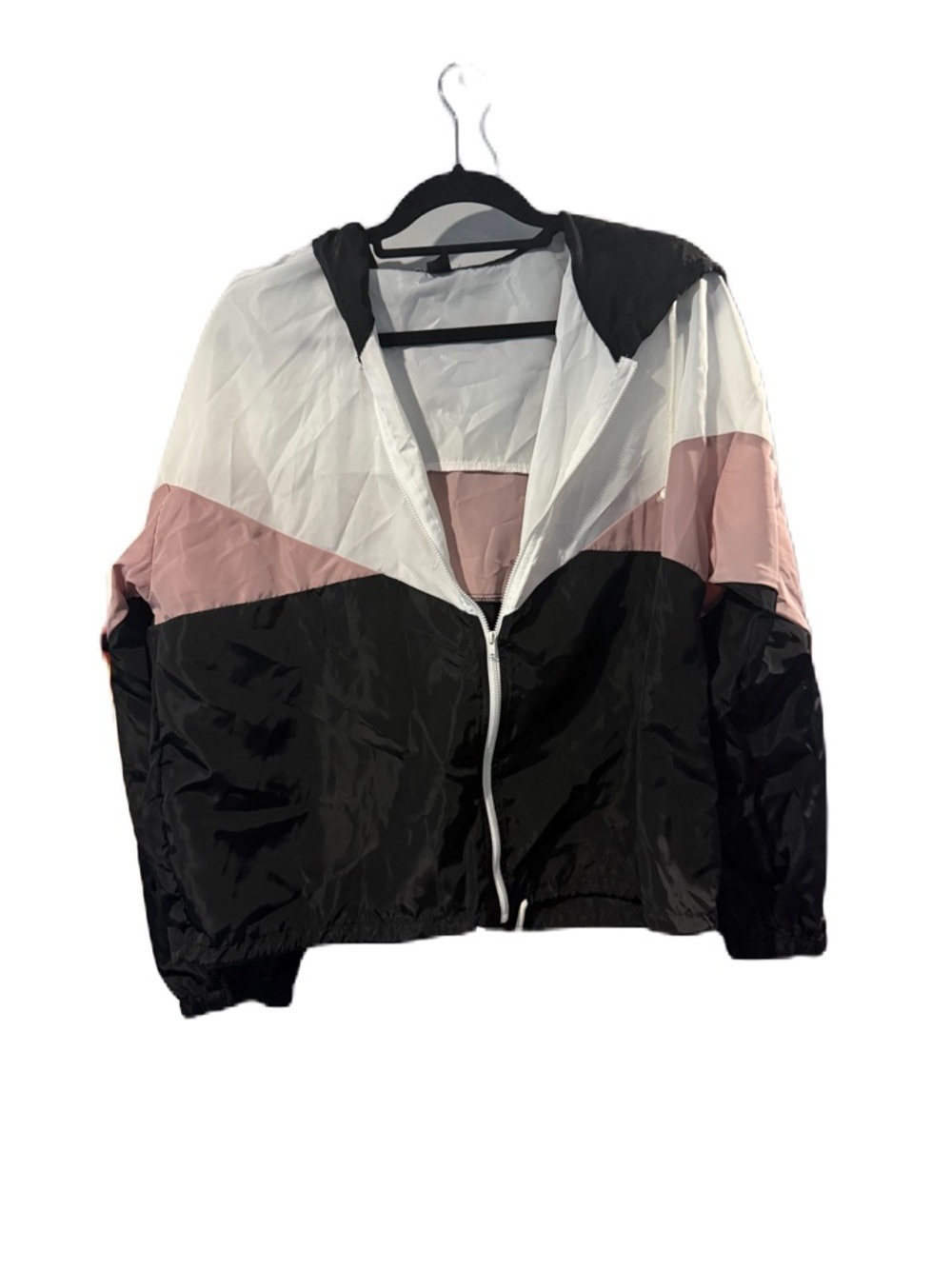 Lightweight Colorblock Hooded Windbreaker Jacket - Black, White & Pink